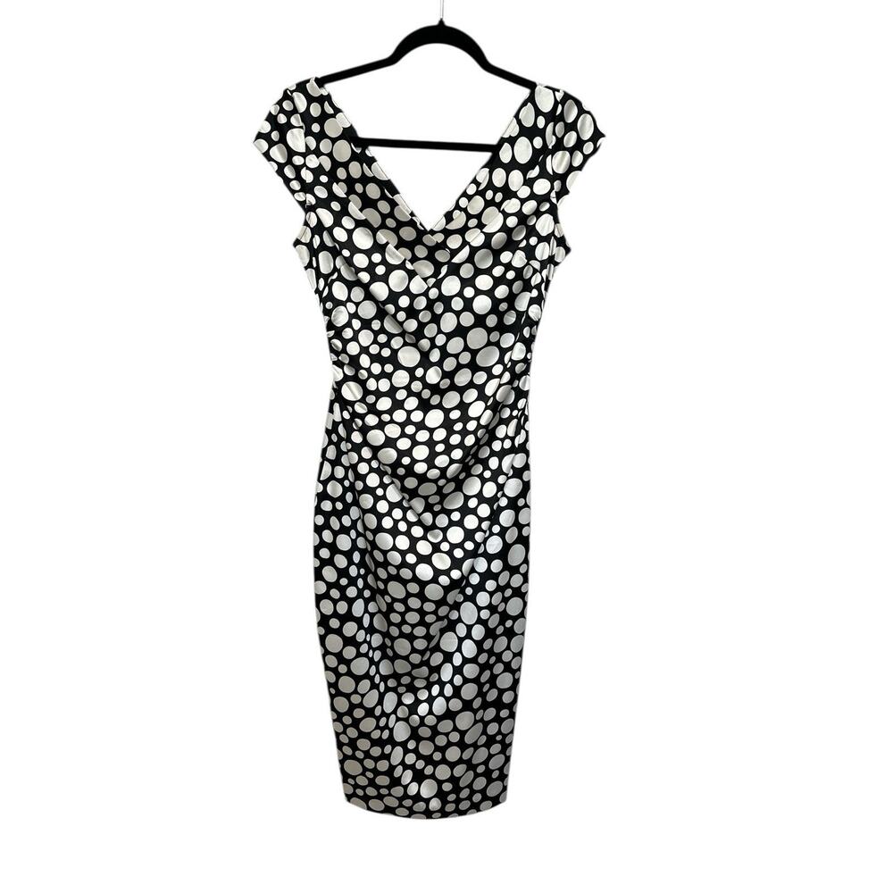 Maggy London Black and White Ruched Wrap MidiDress Size 6 cap sleeves polka dot - Picture 7 of 9